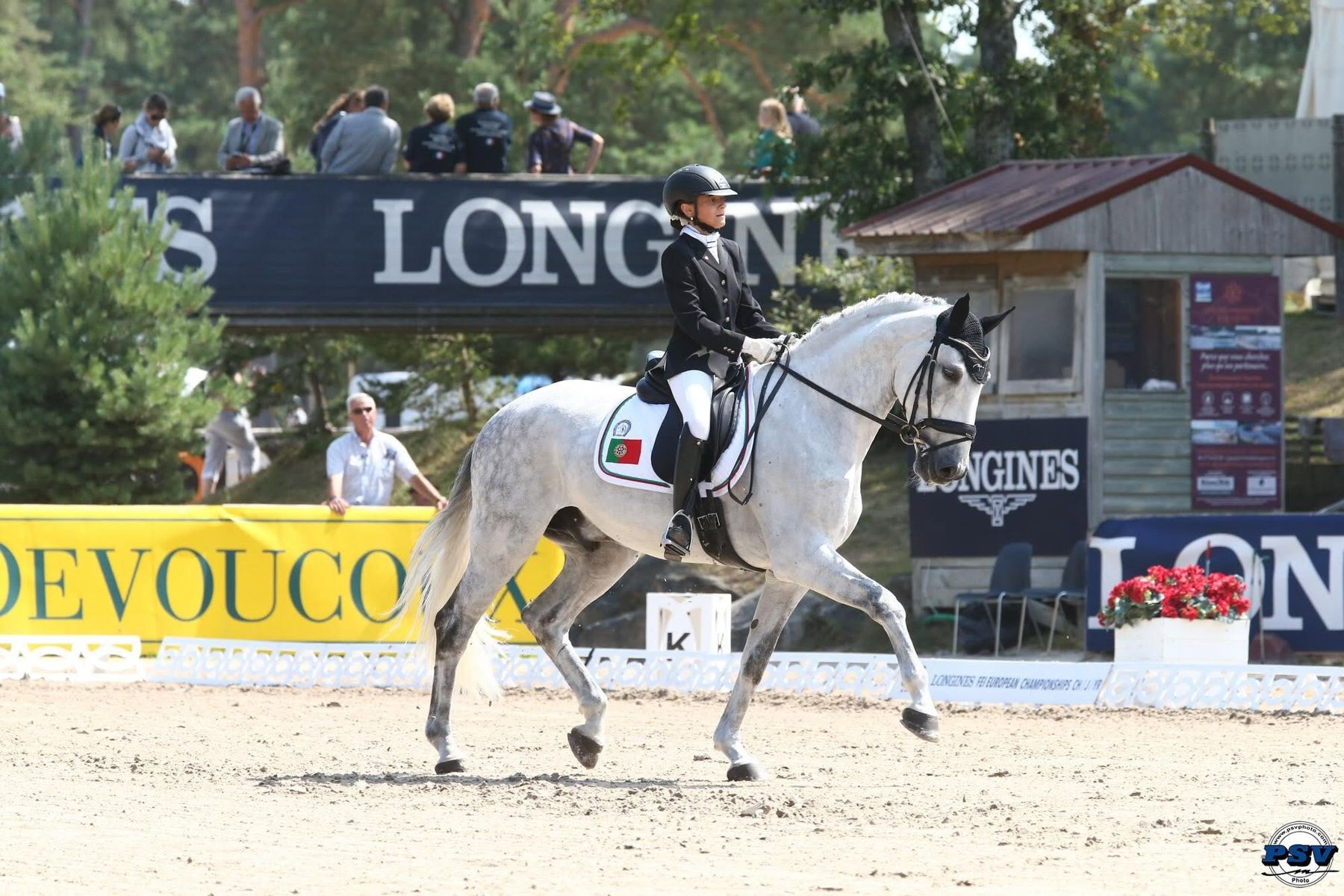Maria da Graça Abecasis in a dressage test on a grey horse