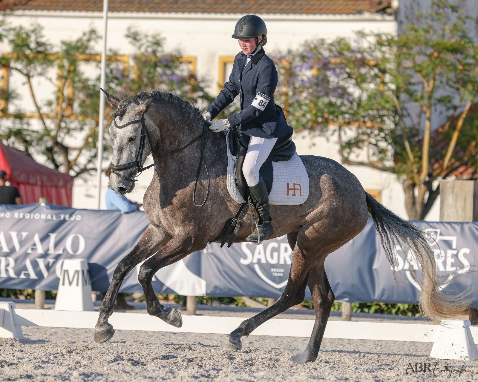 Podcast do Pilar, jument grise, montée en reprise de dressage avec le tapis HA