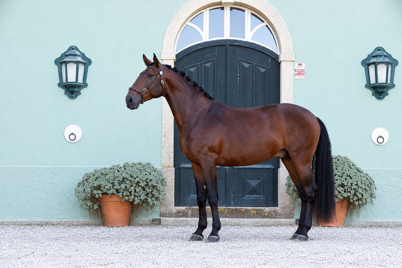 Relincho do Pilar, bay stallion, standing in profile in front of an old door at the Quinta