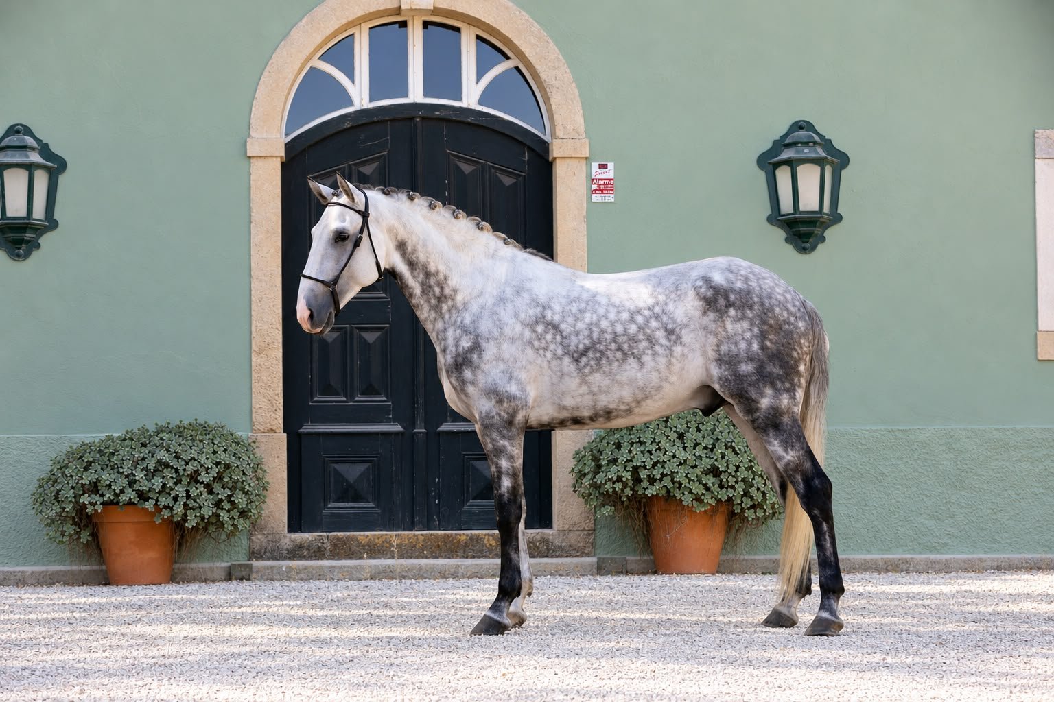 Sal e Pimenta do Pilar, grey stallion, in profile in front of the door at Quinta do Pilar